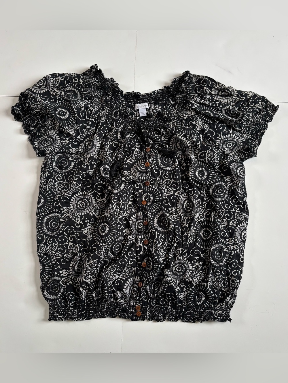 Relativity Black & White Floral Smocked Button-Up Blouse